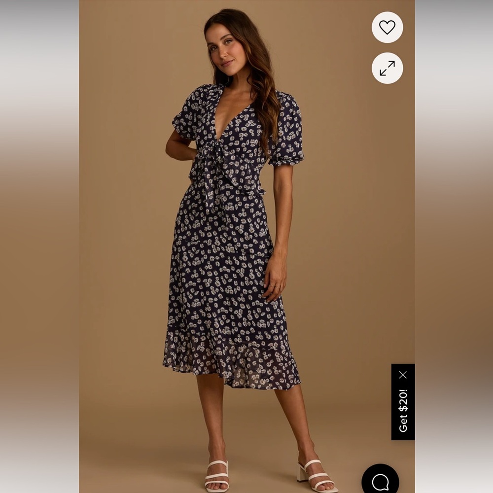 LULUS Navy Blue Floral Print Tiered Midi Dress NWT